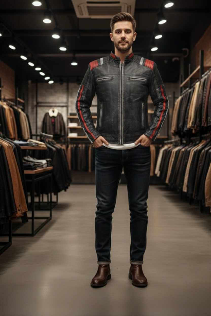 Vintage Distressed Leather Jacket V3V1 Black & Red