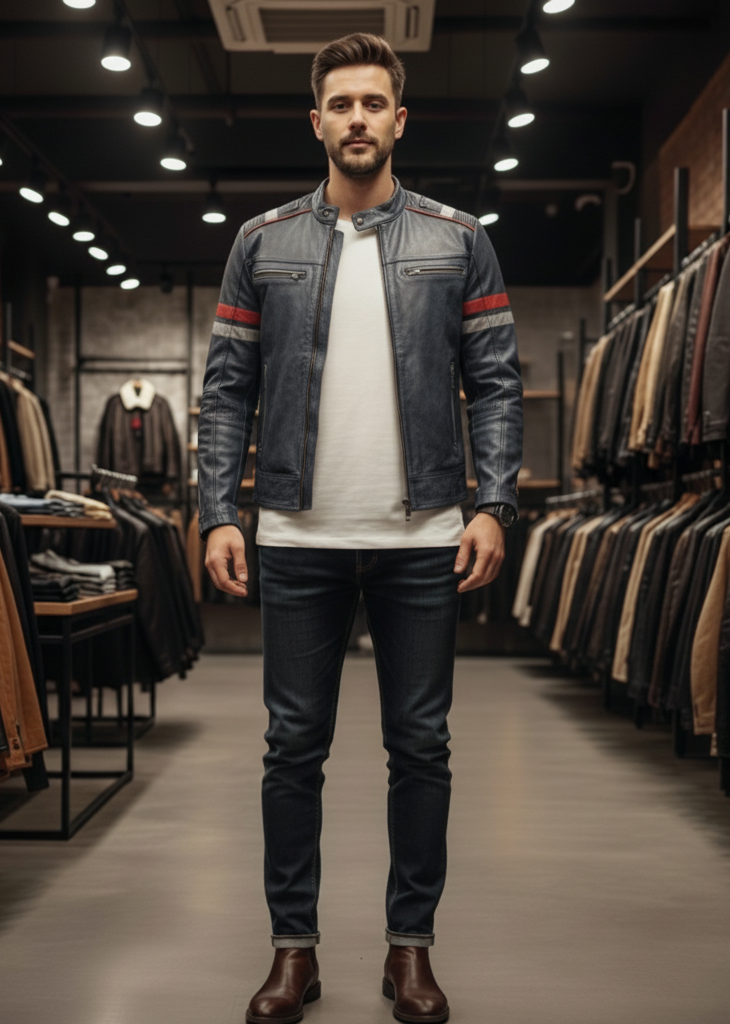 Vintage Distressed Leather Jacket V1V1 Blue