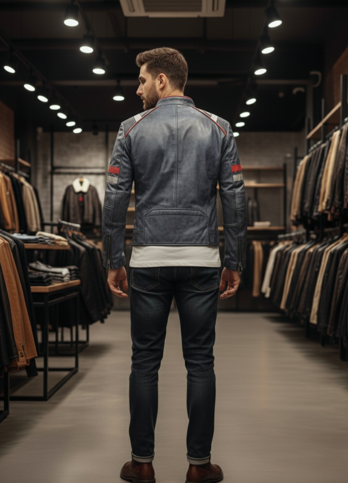 Vintage Distressed Leather Jacket V1V1 Blue - Image 2