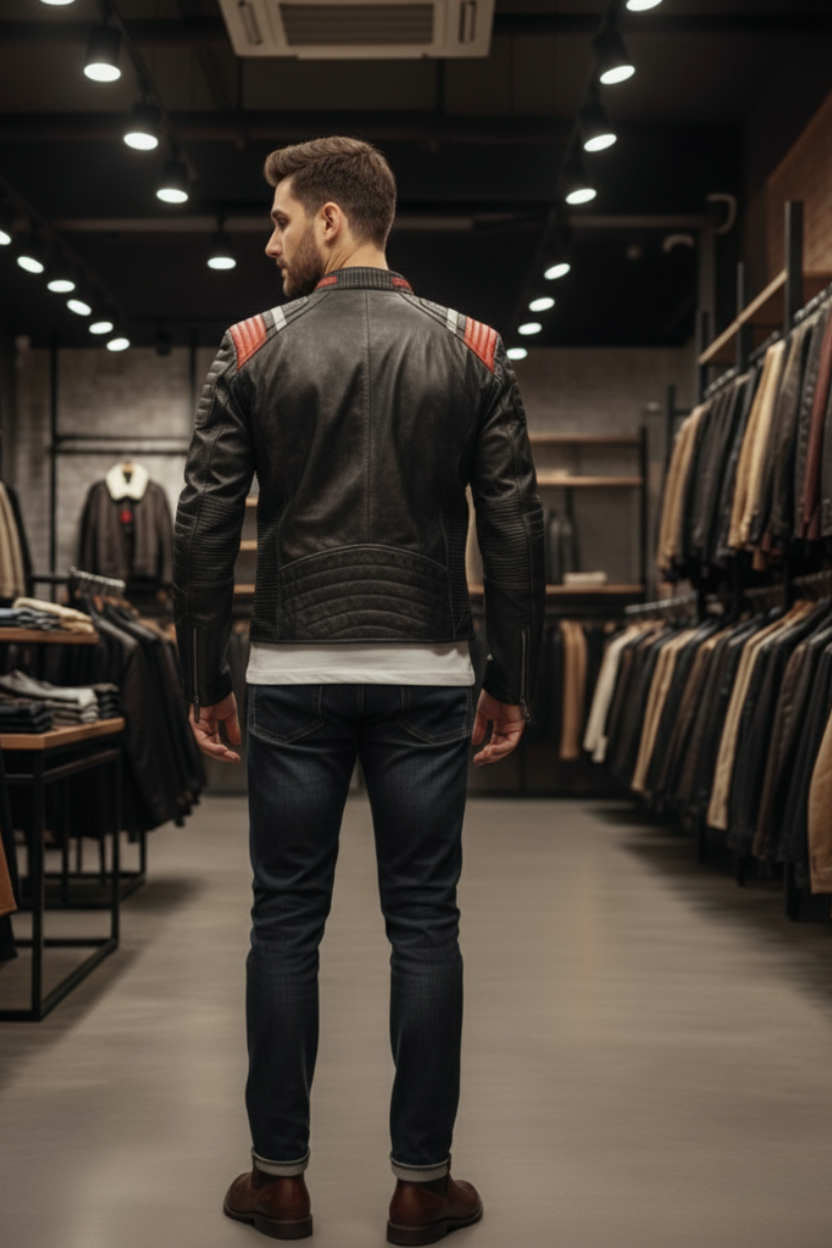 Vintage Distressed Leather Jacket V3V1 Black & Red - Image 2