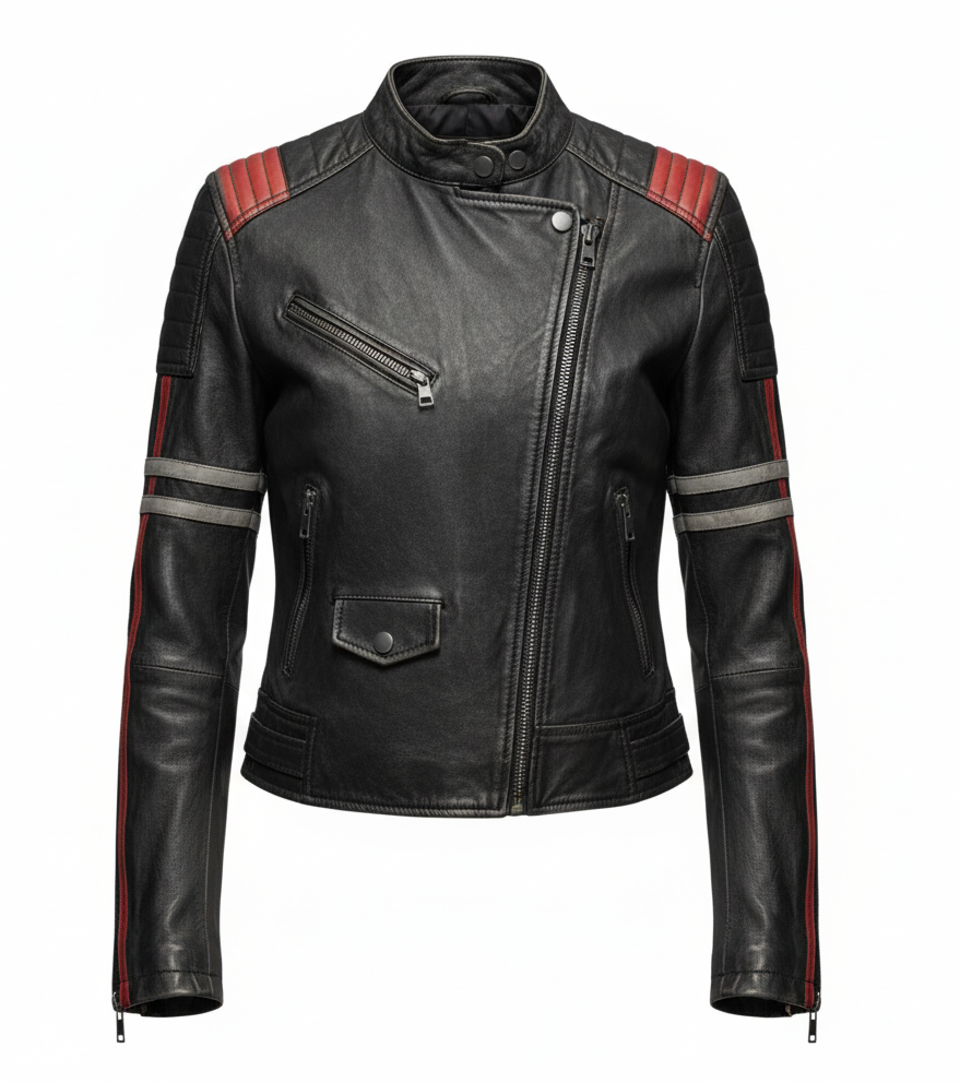 Vintage Distressed Leather Jacket V3V1 Black & Red - Image 5
