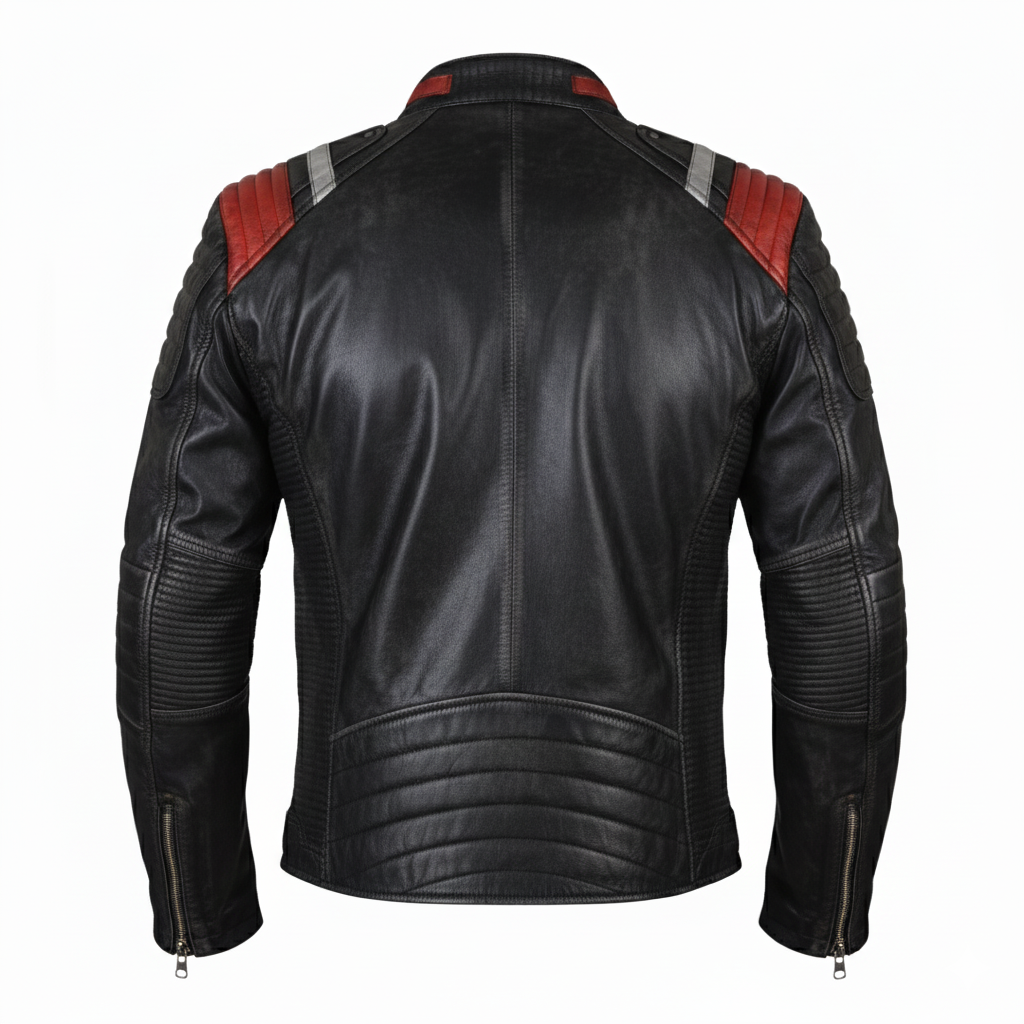Vintage Distressed Leather Jacket V3V1 Black & Red - Image 4