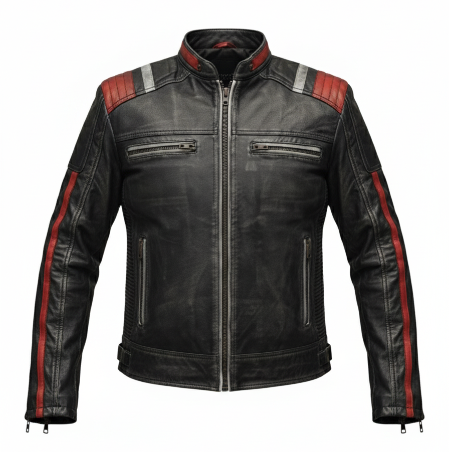 Vintage Distressed Leather Jacket V3V1 Black & Red - Image 3